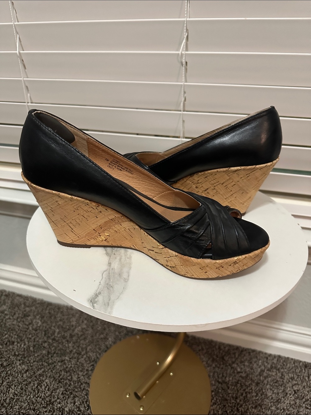 Sofft Black Leather Peep-Toe Cork Wedge Heels